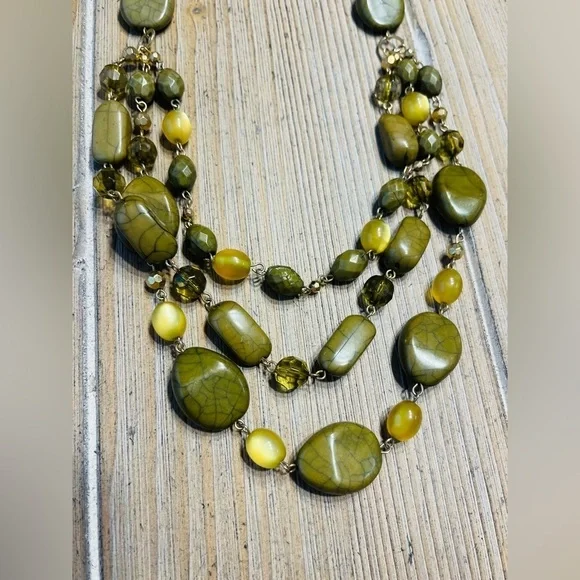 Olive Green Beaded Necklace, 3 Strand - Picture 2 of 4